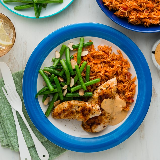 Spanish Chicken Rice with Green Beans & Smoked Paprika Aioli