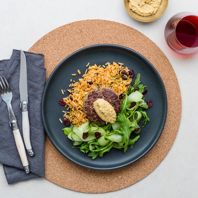 Black Bean Lamb Kofta with Pepper Pilaf and Chermoula Hummus