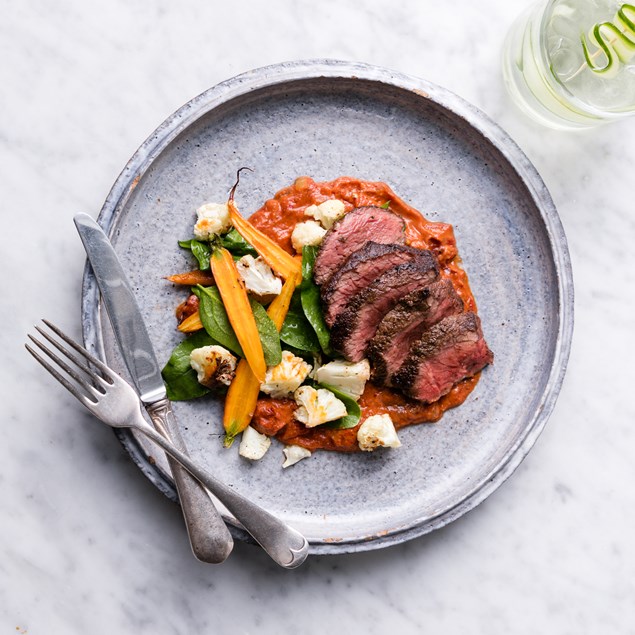 Merguez Beef with Harissa Roasted Vegetables