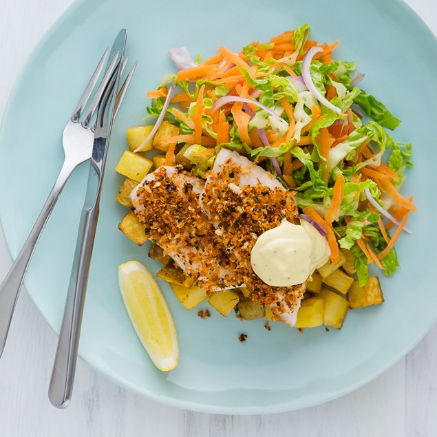 Aromatic Herb-Crumbed Fish with Smoked Hickory Roasties and Hollandaise