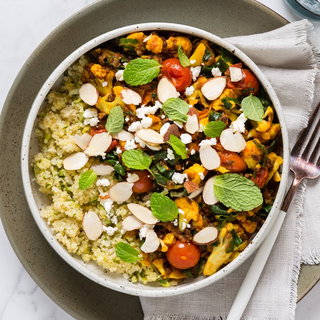 Chickpea & Cauliflower Tagine with Pomegranate, Feta & Almonds