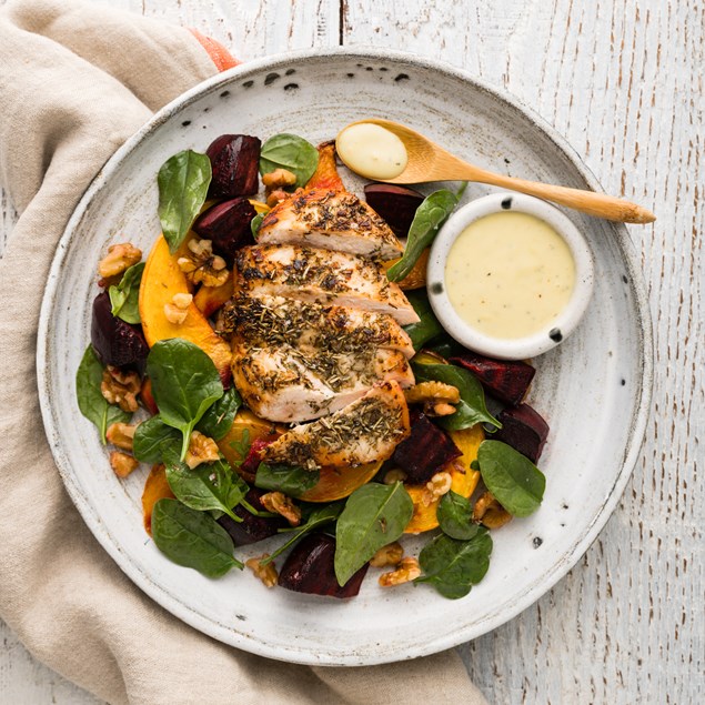 Chicken, Pumpkin & Beetroot Salad with Walnuts & Hollandaise