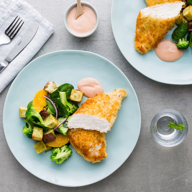 Crumbed Chicken with Kumara, Mandarin and Broccoli Salad