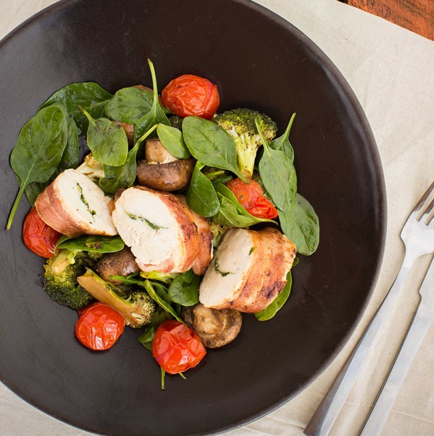 Citrus Bacon-Wrapped Chicken with Balsamic Vegetables