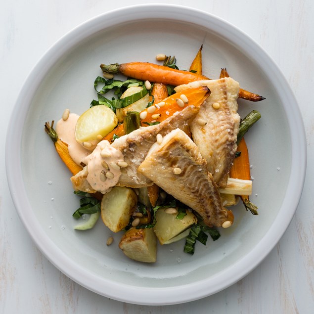 Red Pepper Pesto Fish with Roasted Baby Veggies