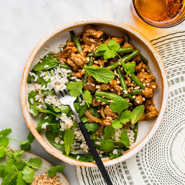 Hoisin Pork & Beef Green Bean Stir-Fry with Brown Rice