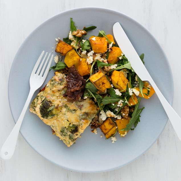 Bacon Frittata with Pumpkin Feta Salad and Red Onion Cherry Jam