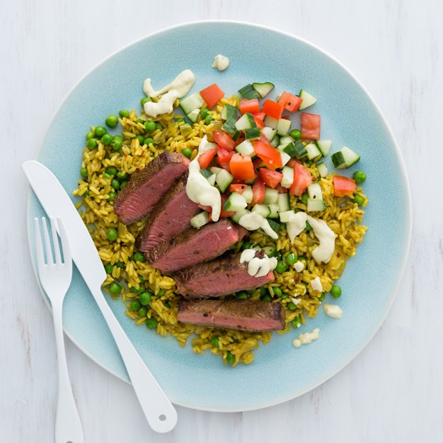 Beef Steaks with Spiced Rice and Chermoula Mayo