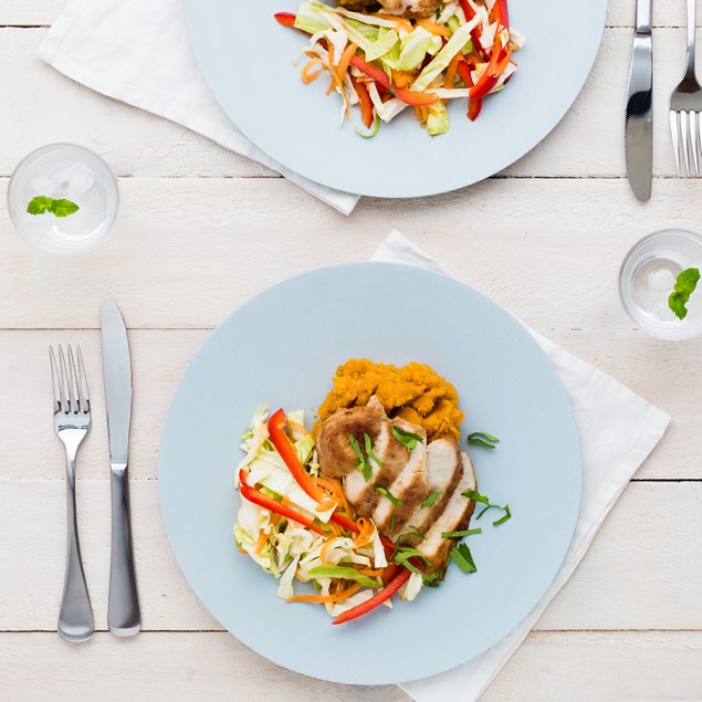 Chicken Steaks with Miso Kumara Mash and Asian Slaw