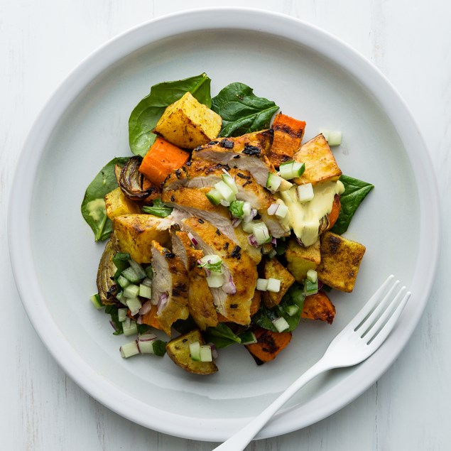 Turmeric Chicken & Bombay Potatoes with Cucumber Salsa