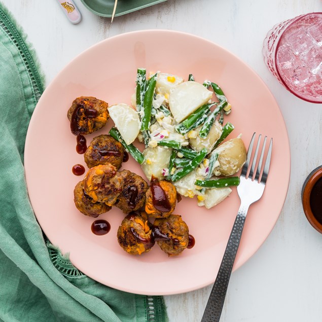 BBQ Beef & Bacon Mini Meatballs with Baby Potato Salad