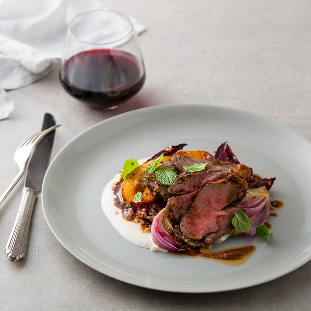 Za'atar-Rubbed Te Mana Lamb with Pomegranate Dressing and Feta Curd