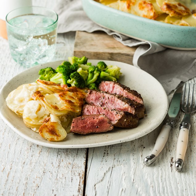 Beef Eye Fillet with Cheesy Potato Gratin