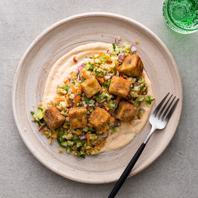 Harissa Halloumi with Spring Greens and Grain Salad