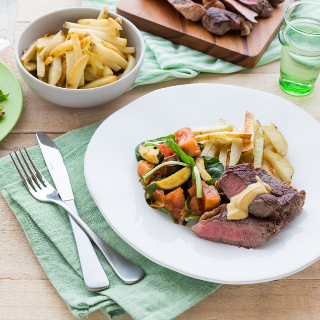 Beef Rump Steaks with Hand-Cut Chips and Mustard Sauce