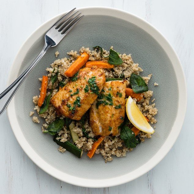 Herb Butter Fish with Roasted Veggie Quinoa
