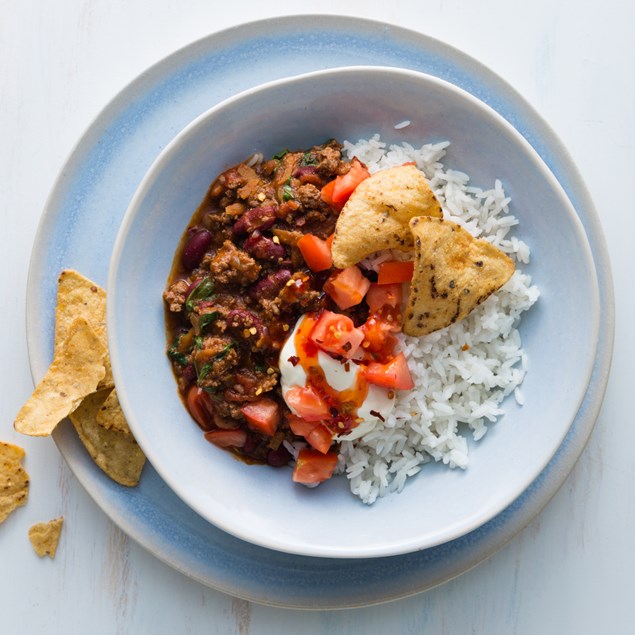 Beef Chilli Con Carne with Rice and Corn Chips 