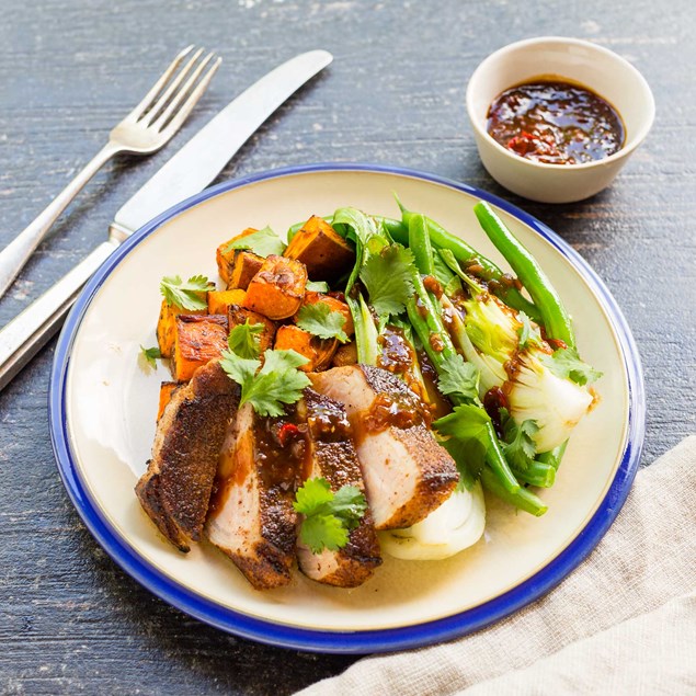 Pork Steak with Roasted Pumpkin, Greens and Caramelised Chilli Sauce