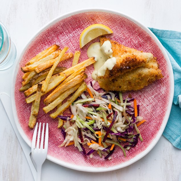 Fish and Chips with Hollandaise and Slaw