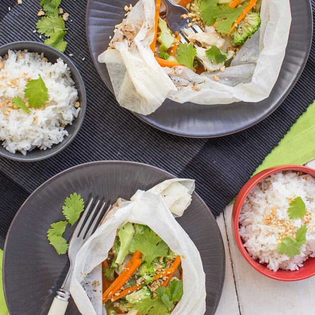 Honey Soy Ginger Steamed Fish and Vegetable Parcels with Rice