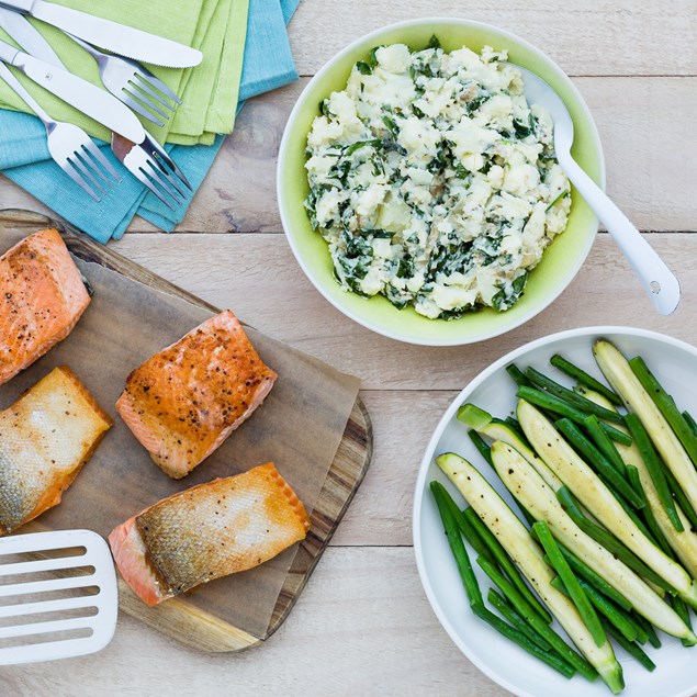 Crispy-Skinned Salmon with Crushed Feta Potatoes