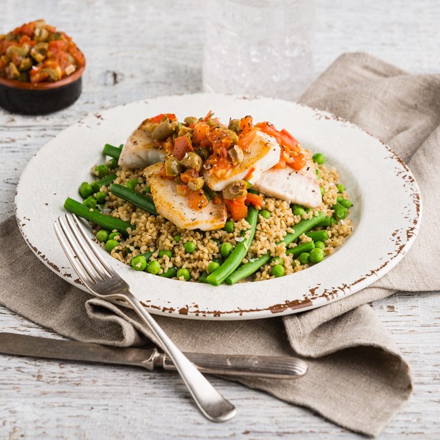 Pan Fried Fish with Olive & Tomato Tapenade