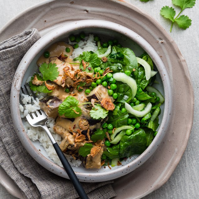 Satay Eggplant with Coconut Rice & Greens