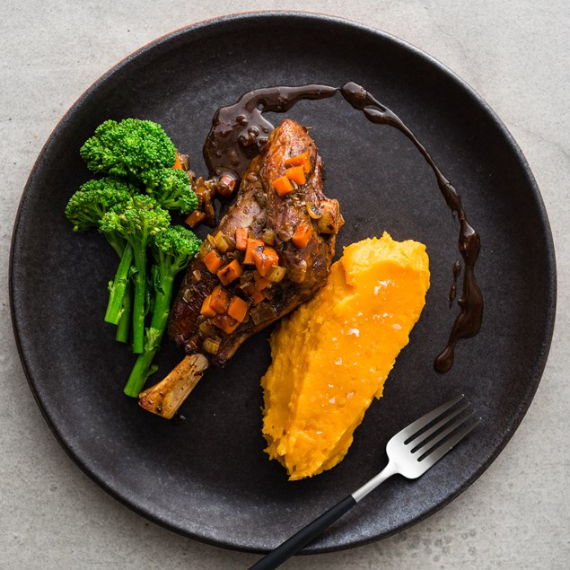Lamb Shanks with Maple Kumara and Red Wine Jus
