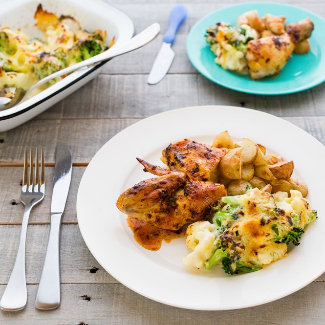 Roast Butterflied Chicken with Broccoli Cauliflower Cheese