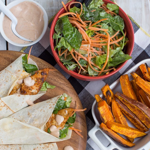Cajun Fish Wraps and Kumara Wedges with Salad