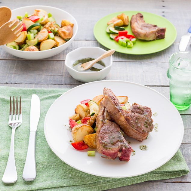 BBQ Lamb Chops with Potato Salad and Mint Sauce