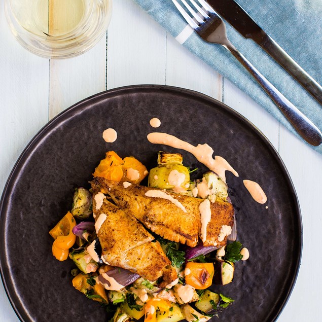 Spanish Rubbed Fish with Eggplant and Capsicum Caponata and Red Pepper Aioli