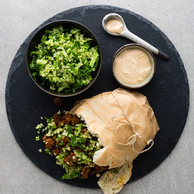 Lamb Pitas with Tabbouleh and Harissa Hummus