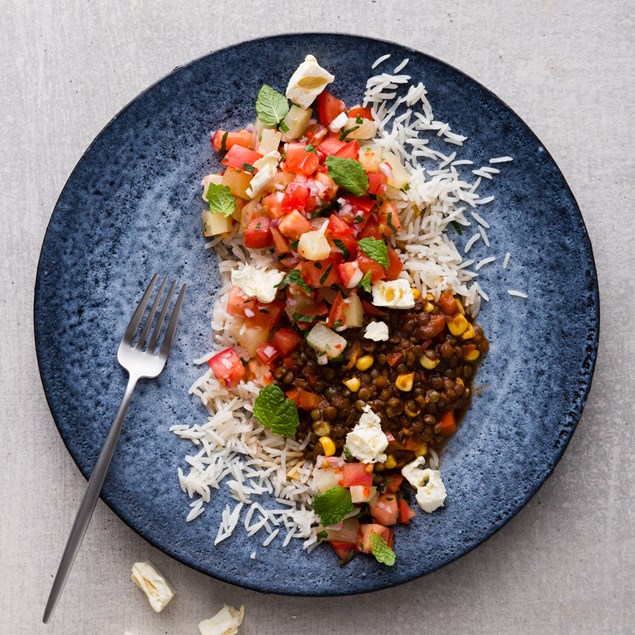 Jerk Lentils with Coconut Rice and Pineapple Salsa 