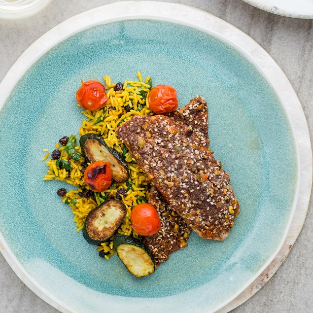 Harissa, Sesame and Pistachio-Crusted Fish with Coconut Pilaf