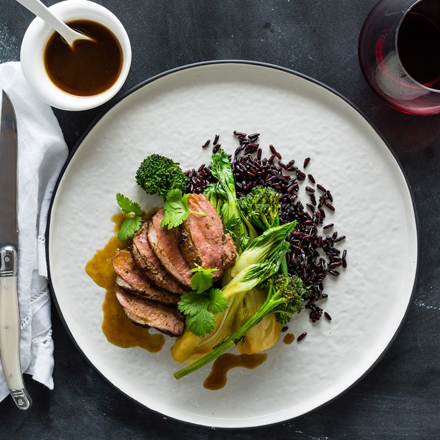 Five-Spice Duck with Forbidden Rice and Ginger Greens