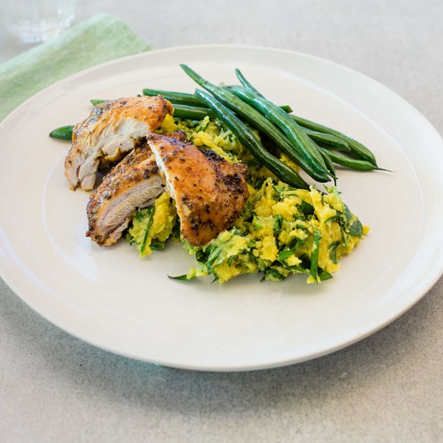 Lemon Pepper Chicken with Gold Kumara Mash and Veggies 