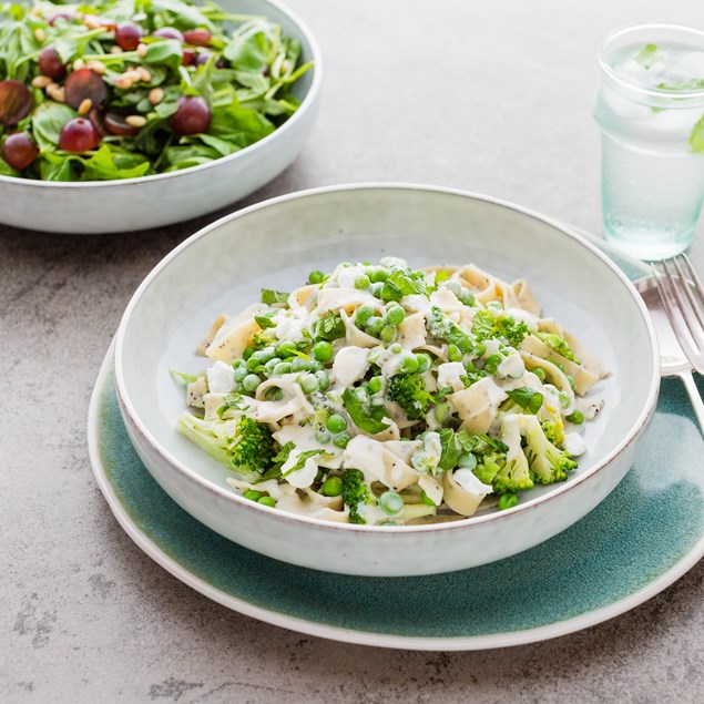 Poppy Seed Fettuccine with Goat's Cheese, Grape and Pine Nut Salad