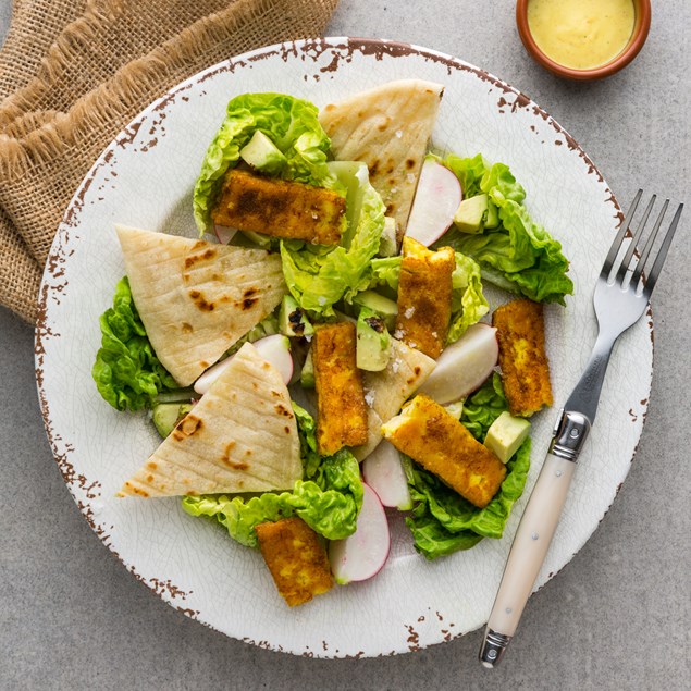 Indian Halloumi Salad with Garlic Naan 