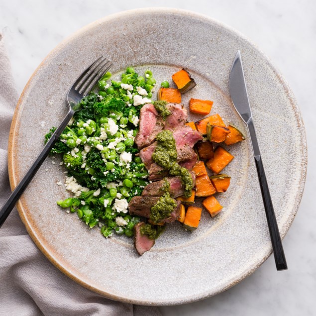 Herbed Lamb Rump Steak with Roasted Pumpkin and Brocco-Feta Smash 