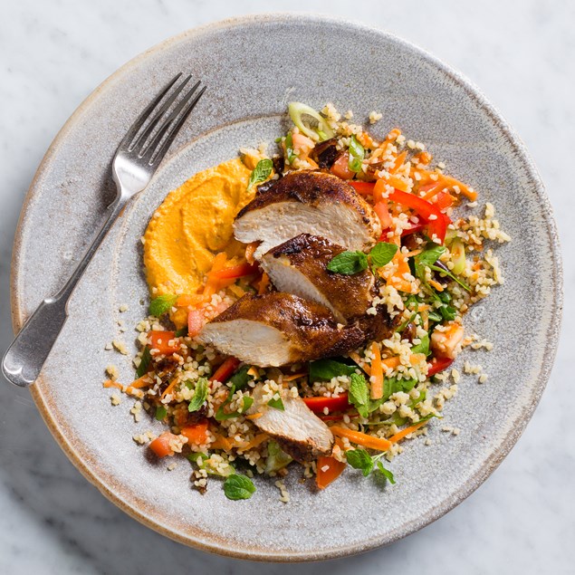Tunisian Chicken Salad with Bulgur and Carrot Tahini