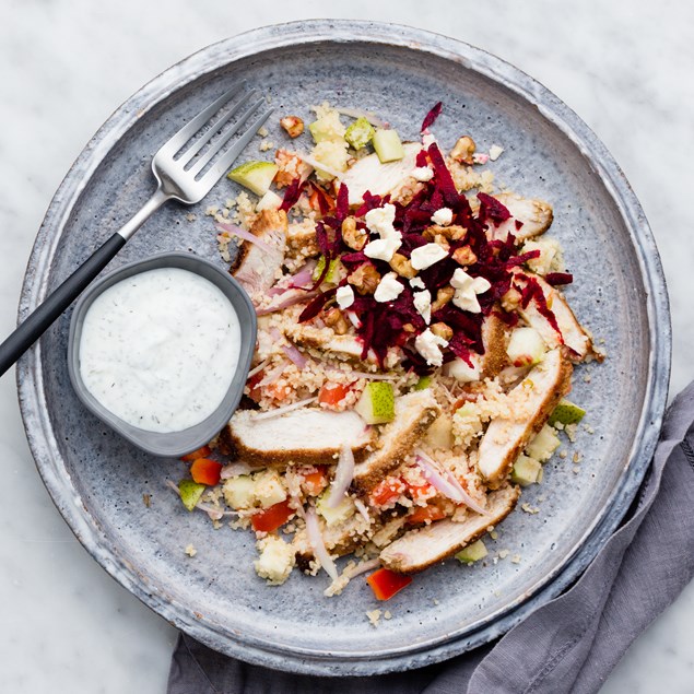 Cumin Scented Chicken with Mediterranean Bulgur Wheat Salad