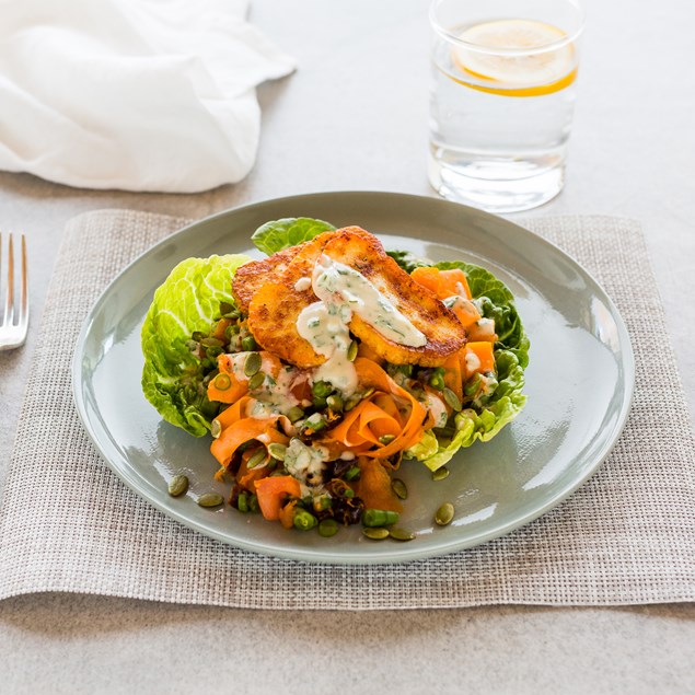 Haloumi with Roasted Pumpkin Salad and Green Tahini Dressing