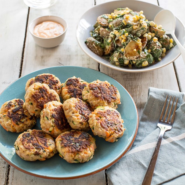 Chicken and Veggie Patties with Roast Potato Salad