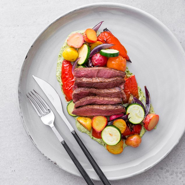 Mediterranean Herb-Rubbed Venison with Roasted Vegetables and Pesto