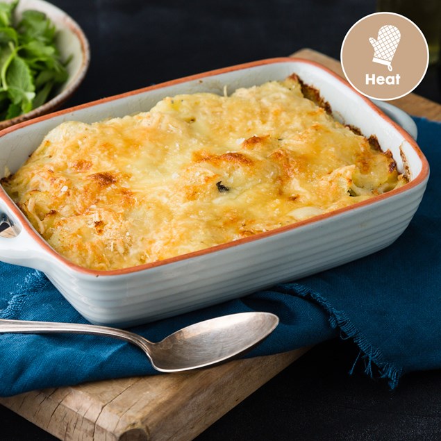 Chicken Potato Gratin with Buttered Peas