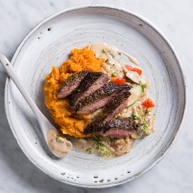 Beef Pave Steaks with Kumara Mash and Mushroom Sauce