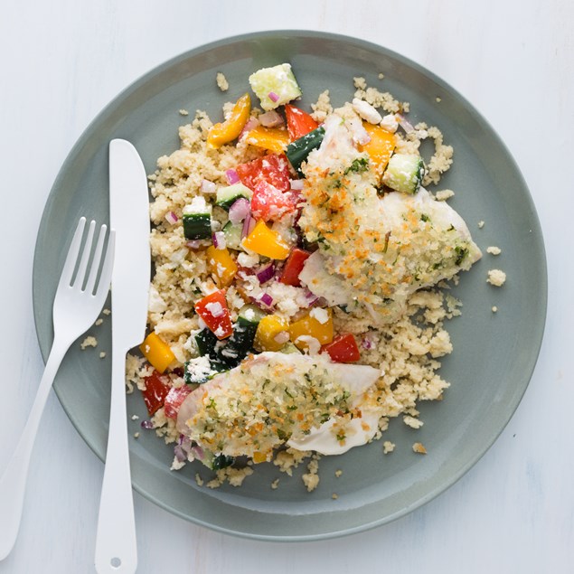 Garlic Butter Fish with Couscous and Greek Salad