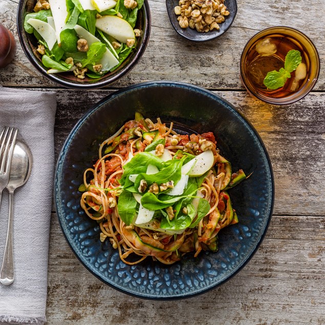 Fennel Sundried Tomato Pasta with Rocket and Pear Salad