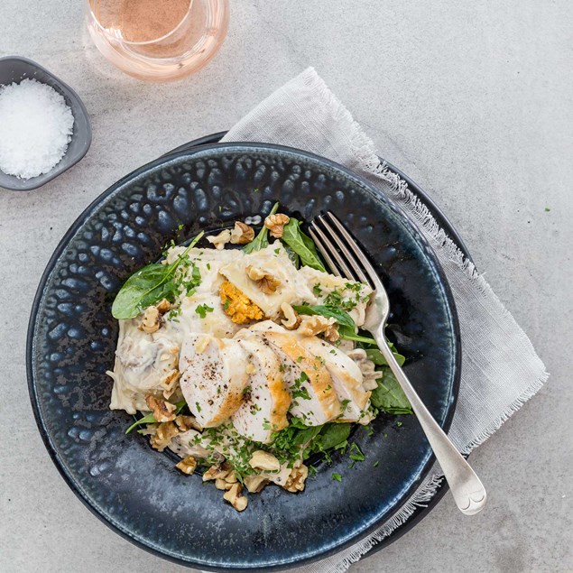 Grilled Chicken with Roasted Pumpkin Pansotti and Creamy Mushroom Sauce